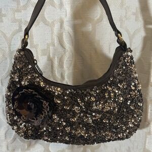 Women's Brown Hobo Bag Sequin Beaded Accents Gold Hardware Zip Lined Pockets